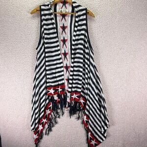 Unity World Wear Patriotic Knit Vest Stars Stripes‎ Sleeveless Fringe Size S
